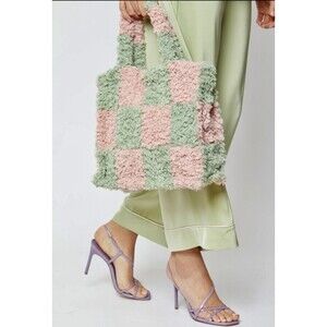 JAYLEYShearling Checkered Tote Bag in Pink and Green